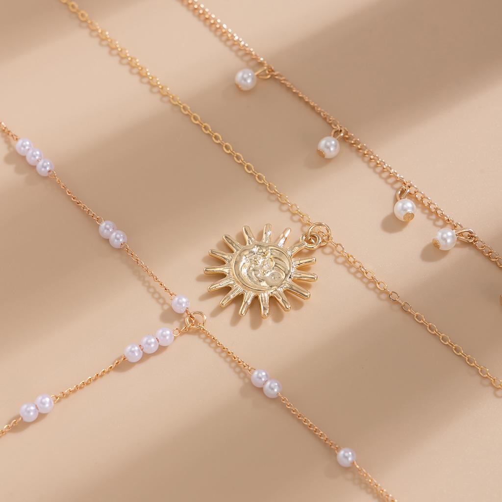 Ins Sun Alloy Pendant Collarbone Chain French Temperament Pearl Beaded Long Necklace Fashionable Commuter Stacking Style Holiday Women's Jewelry