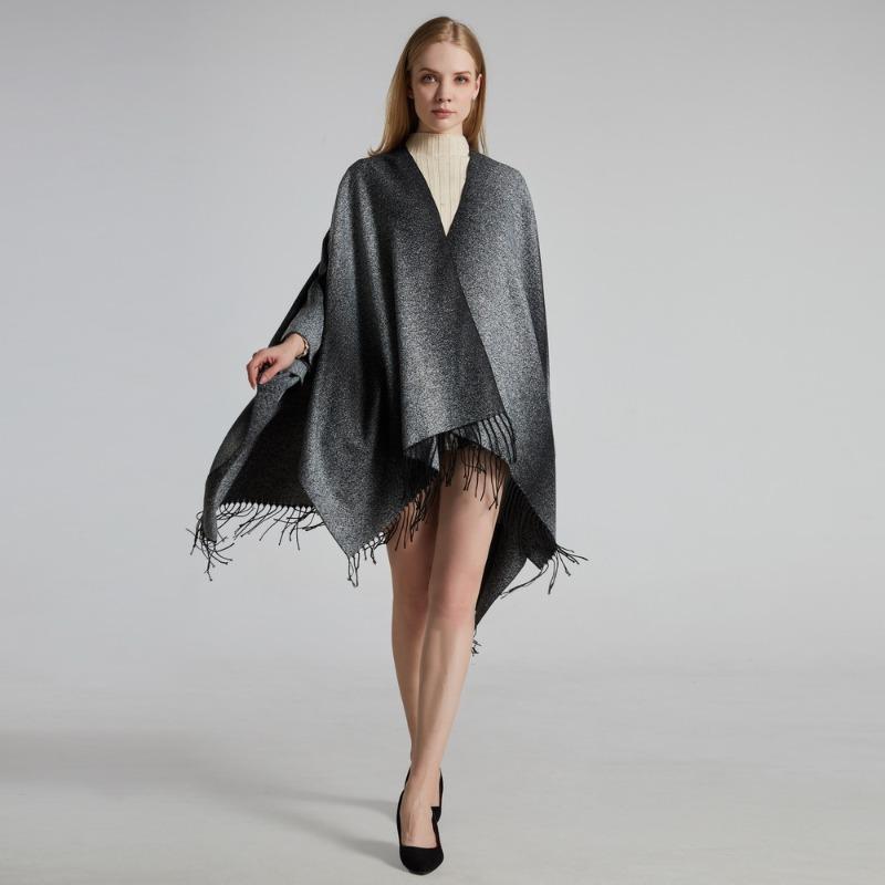 Autumn and Winter Scarf Shawl Double-sided Gradual Change of Color Tassel Jacquard Split Large Shawl Travel Camping Outside Cloak
