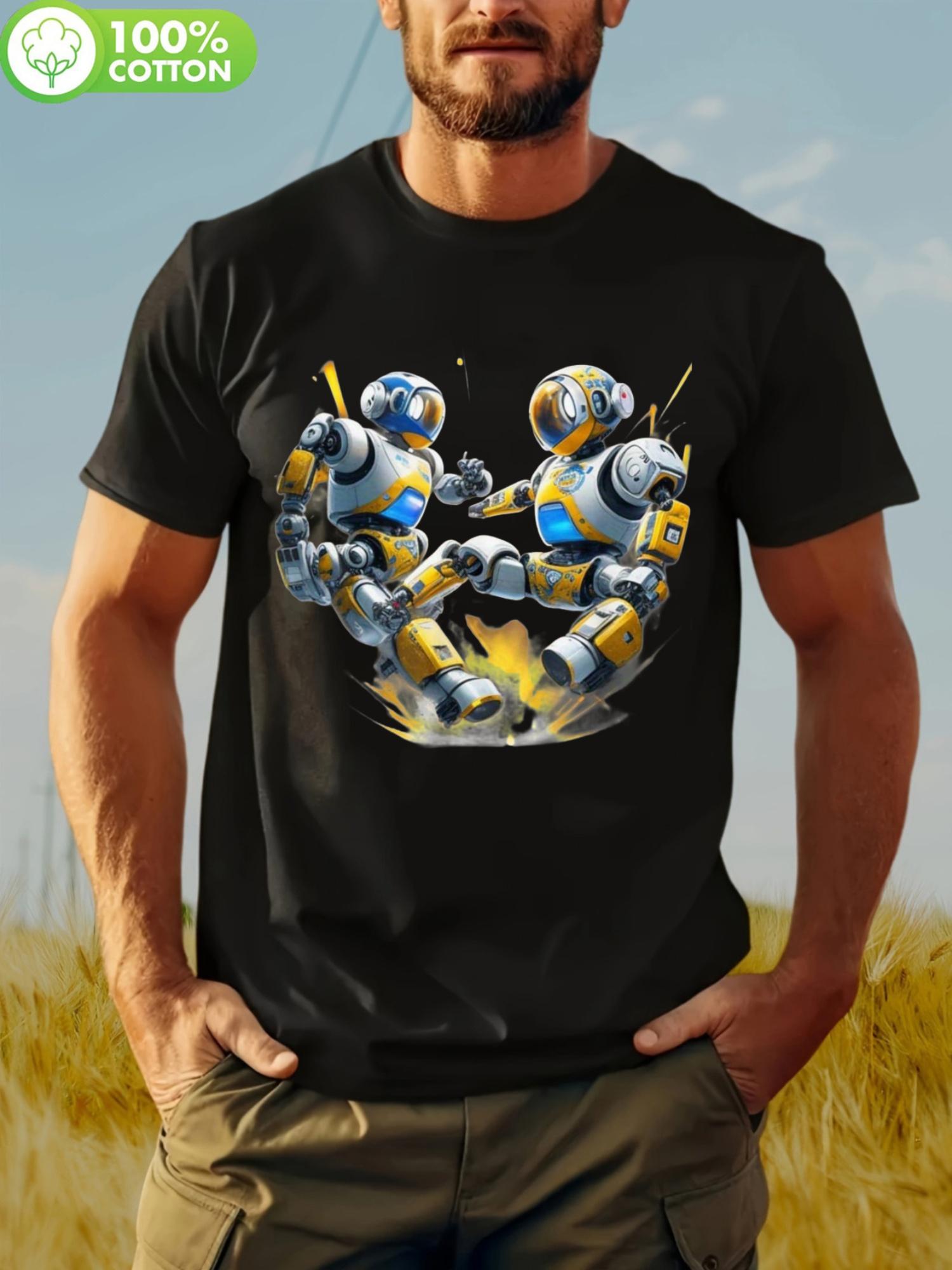 100% Cotton Black T-shirt with Dynamic Robot Breakdancing Graphic - Casual Crew Neck XXXXL
