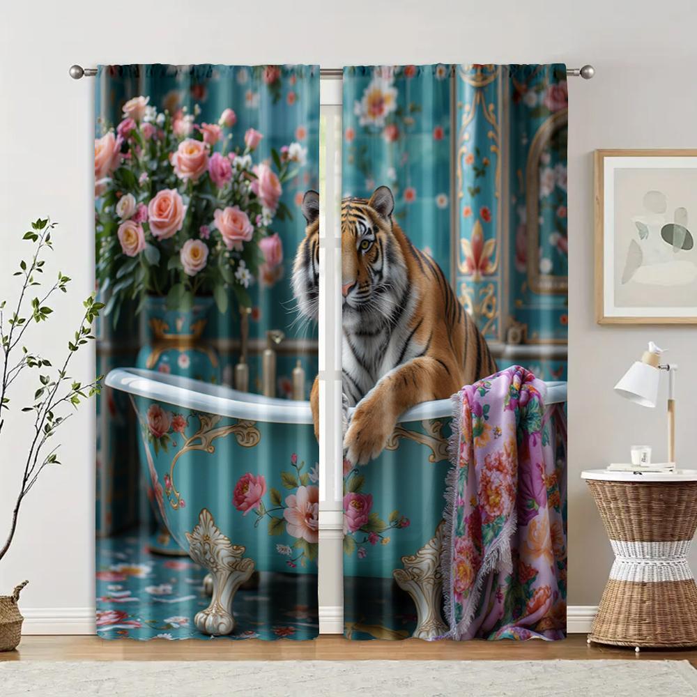 

2 pcs, filtering curtains (excluding rods, non-movable, without batteries) Elegant Tiger in Bathtub for use in bedrooms and 29x65in(75x166cm)