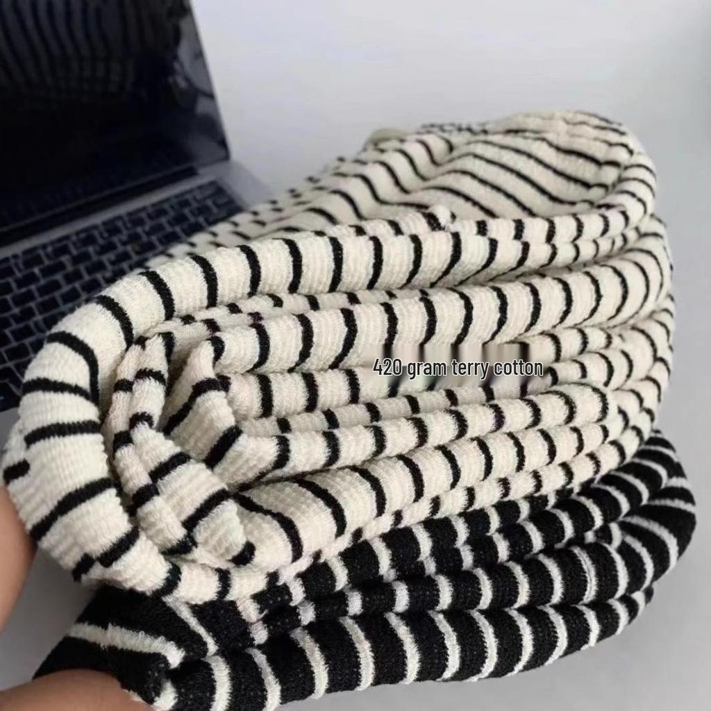 Petite High Waist Soft Terry Striped Wide Leg Pants - Women's 145cm