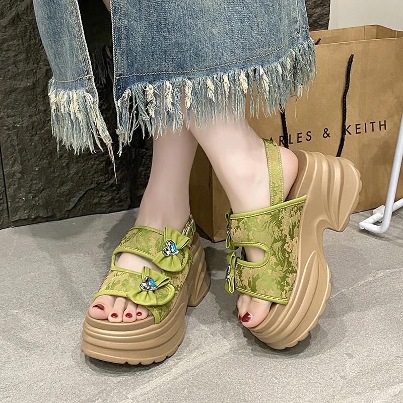 2025 NEW 8CM Chunky Platform Sandals Women Summer Bling High Heels Woman Beach Casual Canvas Slides Thick Sole Walking Slippers