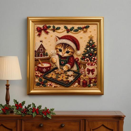 Faux Pearl Painting Kit for Adults Christmas Cat Art with Frame, Kitty DIY Embroidery Kit, 3D Bead Wall Craft Adults, Handmade Home Holiday