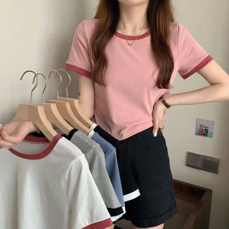 Contrasting Color Round Neck Short-sleeved Shirt Women's New Summer Bottoming Shirt Korean Version Slim-fitting Short Student Top Tide