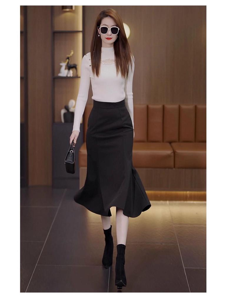 Women's Coffee Wool Mermaid Skirt - Fall/Winter 2025, Irregular Mid-Length, Hip-Hugging Design