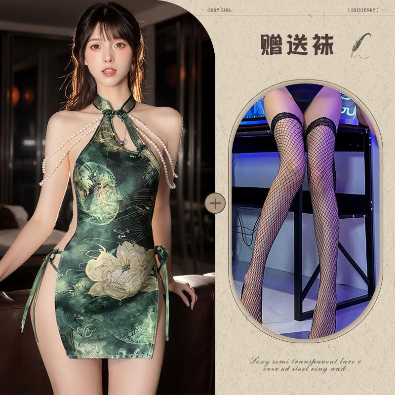 Sexy underwear Chinese sexy modified split cheongsam premium pearl backless Qinghe national style cheongsam