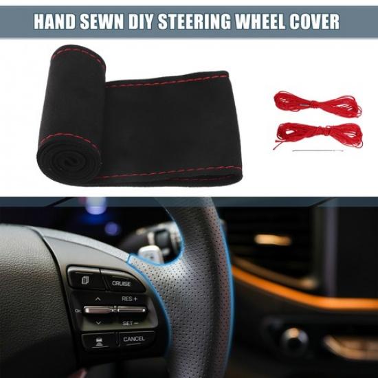 1 Set Auto Hand Sewn DIY Steering Wheel Cover 38cm Suede Black Stitches Red