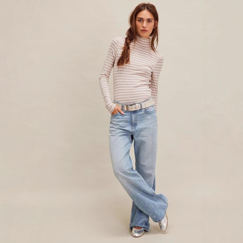 Women S Striped Print Half High Neck Fitted Long Sleeve T Shirt Base Layer Top