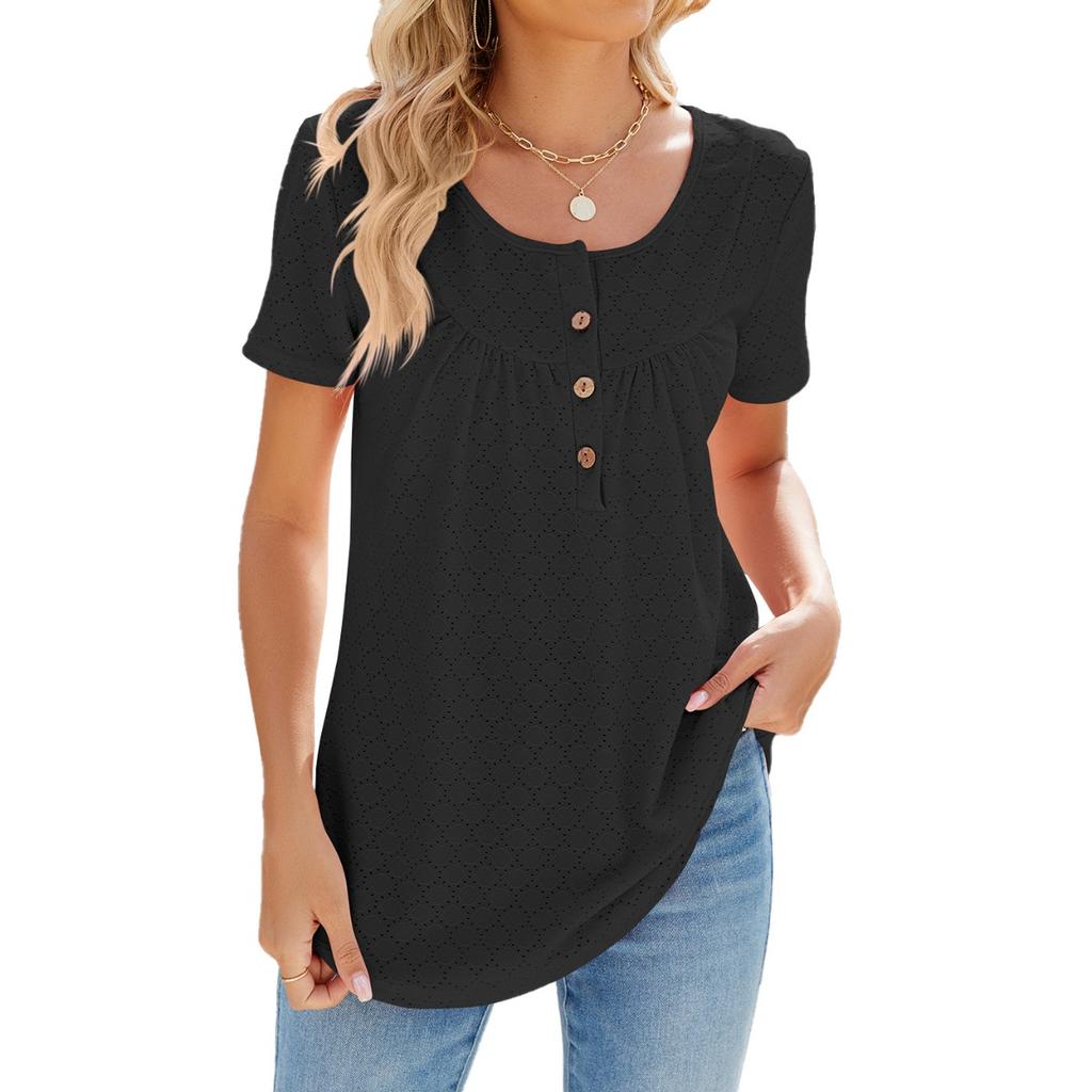 Summer New Solid Color Crew Neck Buttoned Loose Short Sleeve T-Shirt for European and American Cross-border Trade Amazon Independent Station