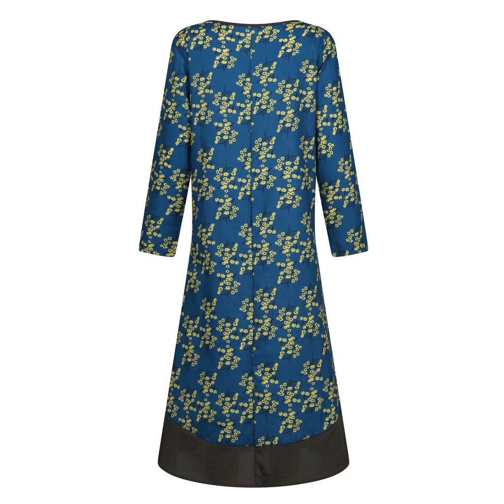 Dámské falešné dvoudílné bavlněné konopné šaty s vintage potištěným výstřihem do V se středním rukávem