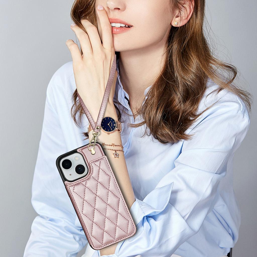 Für iPhone 15 Hülle mit Handschlaufe Kartenfächer Rautenmuster Leder+TPU Handyhülle