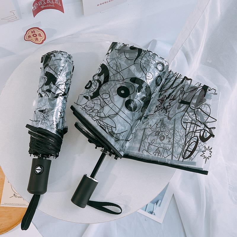 Crayon Shin-chan Auto Umbrella Black White Transparent Anime Rain Protection Portable 3-Fold Compact Umbrella with Cartoon Print