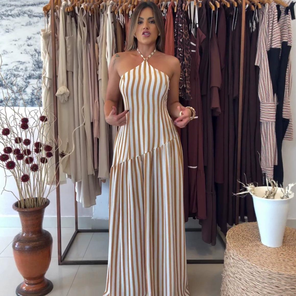 Cross-border new women s clothing foreign trade sexy sleeveless neck high waist striped dress women s European and American fashion sexy dress S хаки