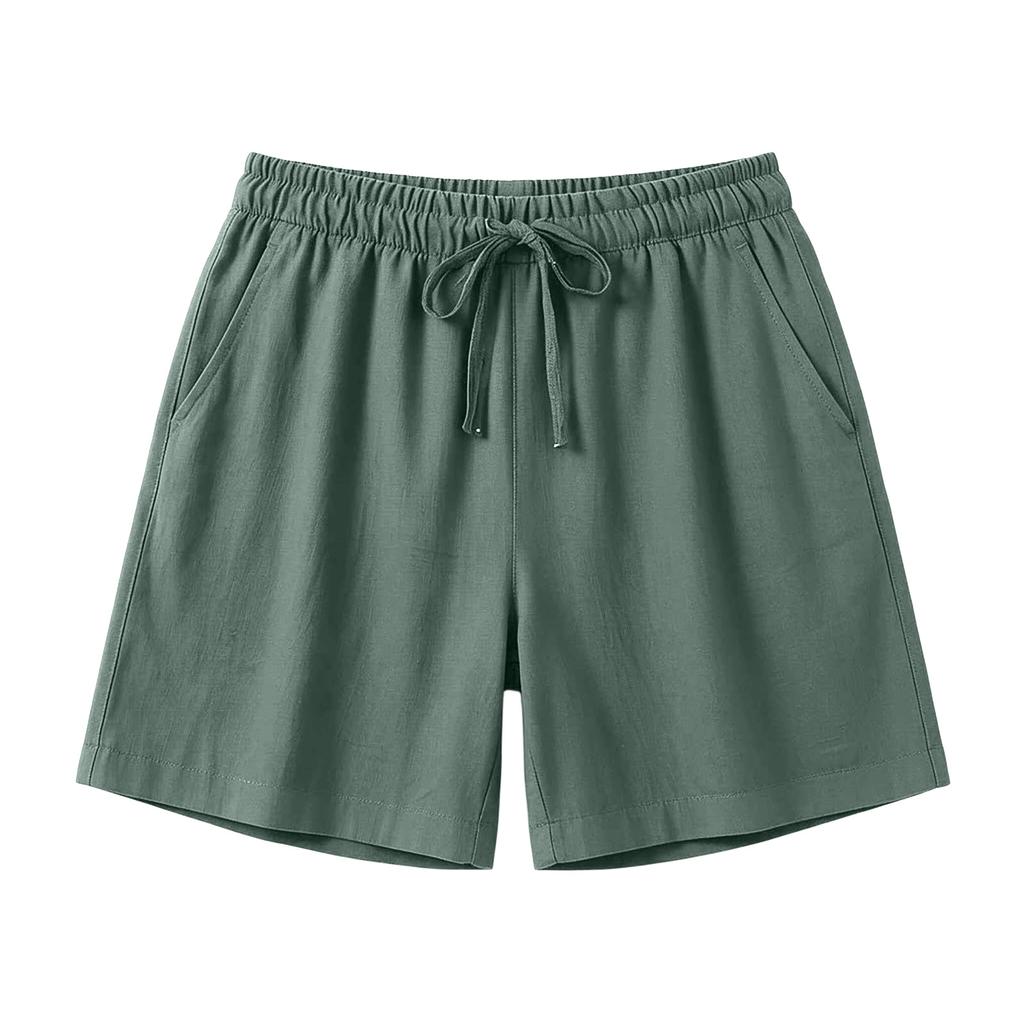 Women Drawstring Waist Cotton Linen Shorts with Pockets Casual Loose Fit Summer Beach Shorts with Back Pocket