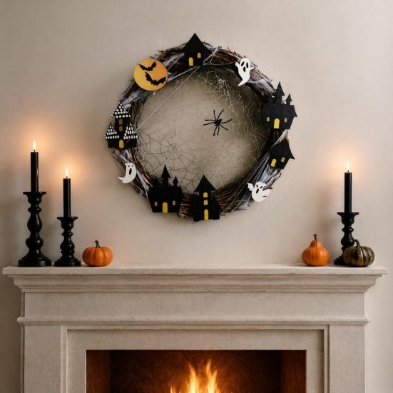 Holiday Festival Pendant Halloween Spider Web Wreath, Spooky Vine Branch Wreath with Ghost Castle Fall Harvest Hanging Ornament Bat for Front