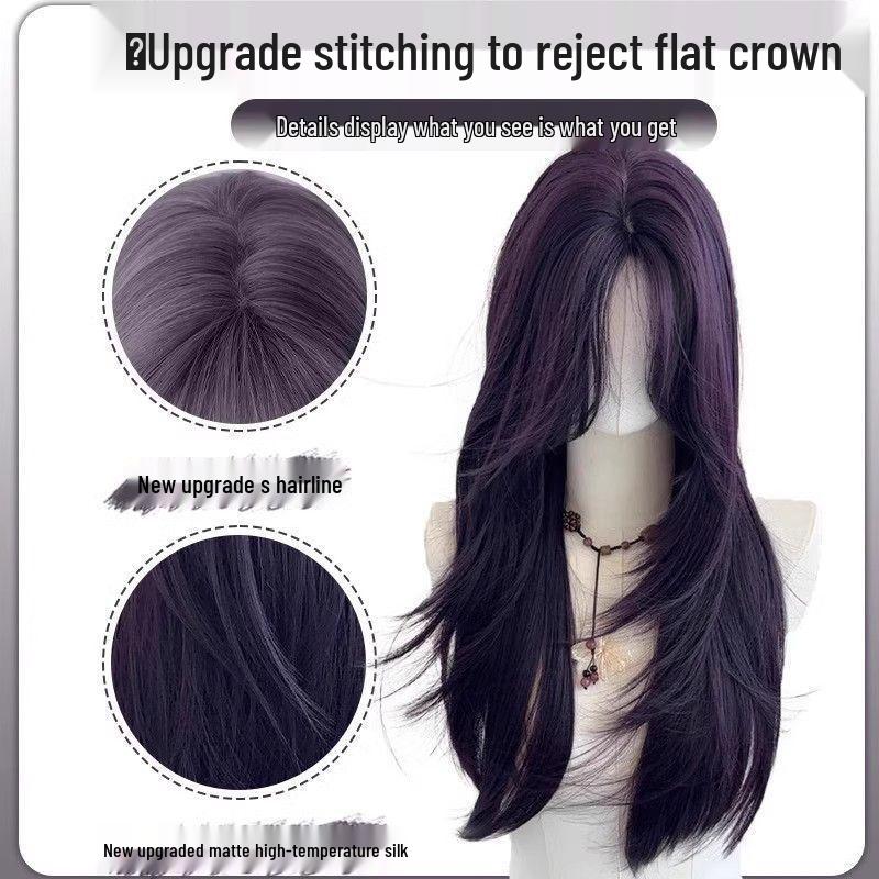 Natural-Looking Black Currant Purple Wig with Long Layers & Curtain Bangs for Women