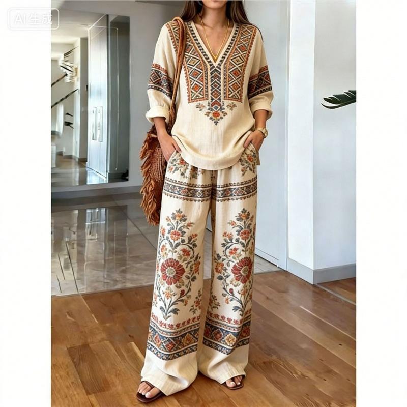 Bohemian Print Cotton and Linen Shirt Long-sleeved Wide-leg Pants Two-piece Set V-neck Vacation Loose Casual Suit Women