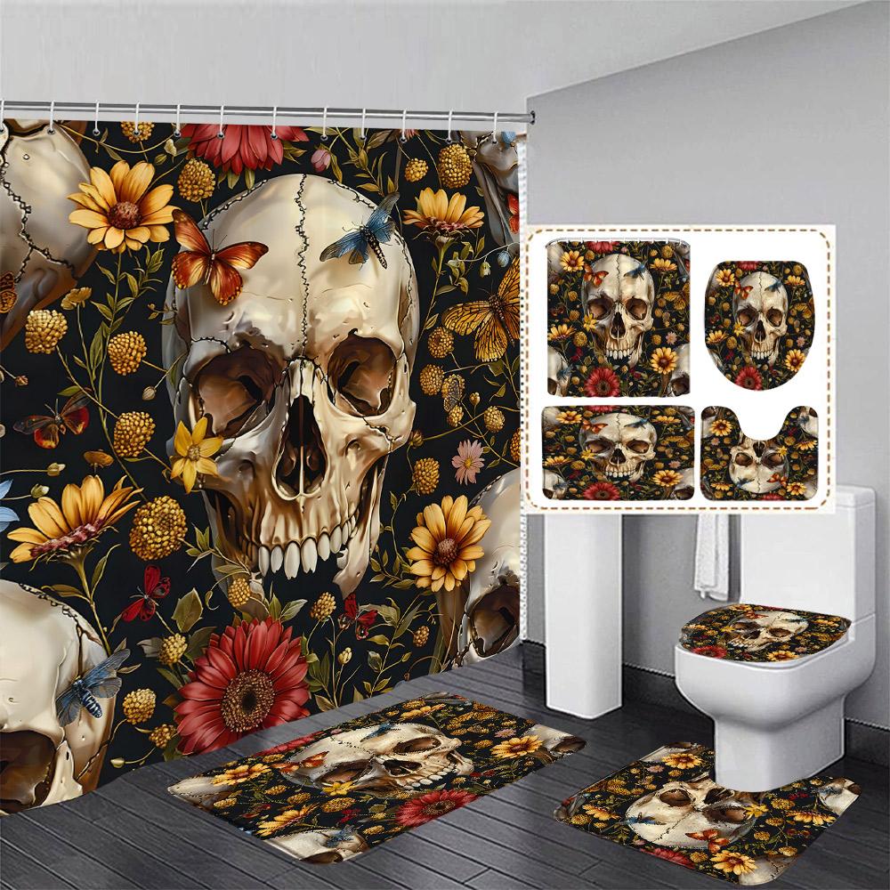 Floral Skull Shower Curtain Set Butterfly Moth Pink Mushroom Flower Skeleton Halloween Home Bathroom Decor Bath Mat Toilet Cover