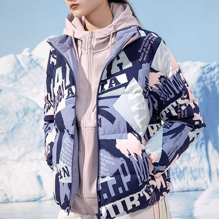 Anta Lifestyle Series Letter Logo All Over Print Sports Warm Stand Collar Down Jacket Women Outerwear Spring-Blue 162148909-2