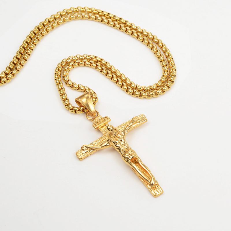 Collana Ciondolo Crocifisso INRI Gesù Croce Colore Oro Acciaio Inossidabile Catena per Collo da Uomo Gioielli Cristiani Cattolici
