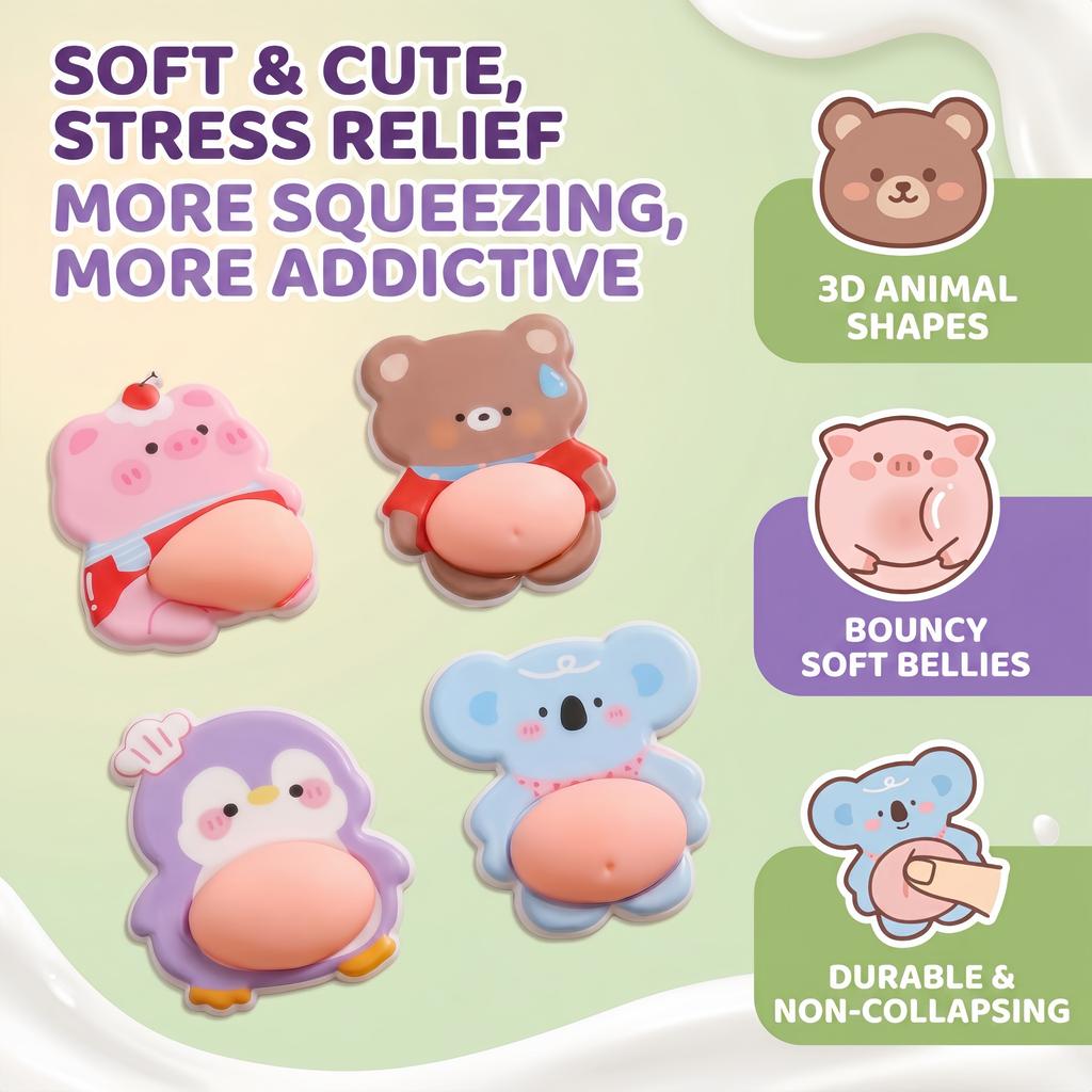 Chubby Realistic Belly Stickers, 3D Cute Cartoon Animals Stress-Relief Squeeze Toys Diy Decorative Stickers
