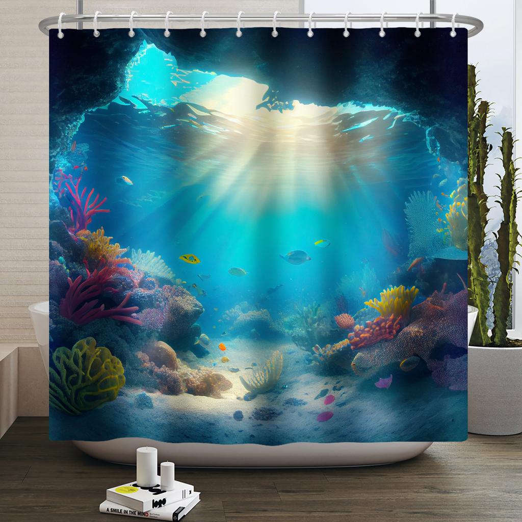 Underwater World Ocean Shower Curtain for Bathroom Seabed Animals Sea Turtle Dolphin Fish Waterproof Bathroom Curtain With Hooks