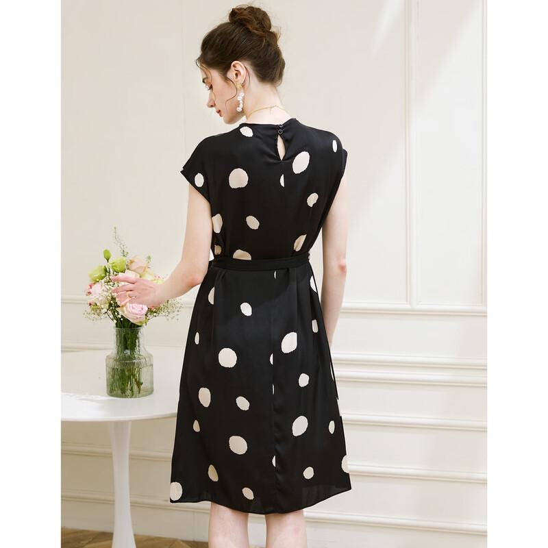 TUHUANG Hepburn Stil Maulbeerseide Gepunktetes A-Linien Midi-Kleid