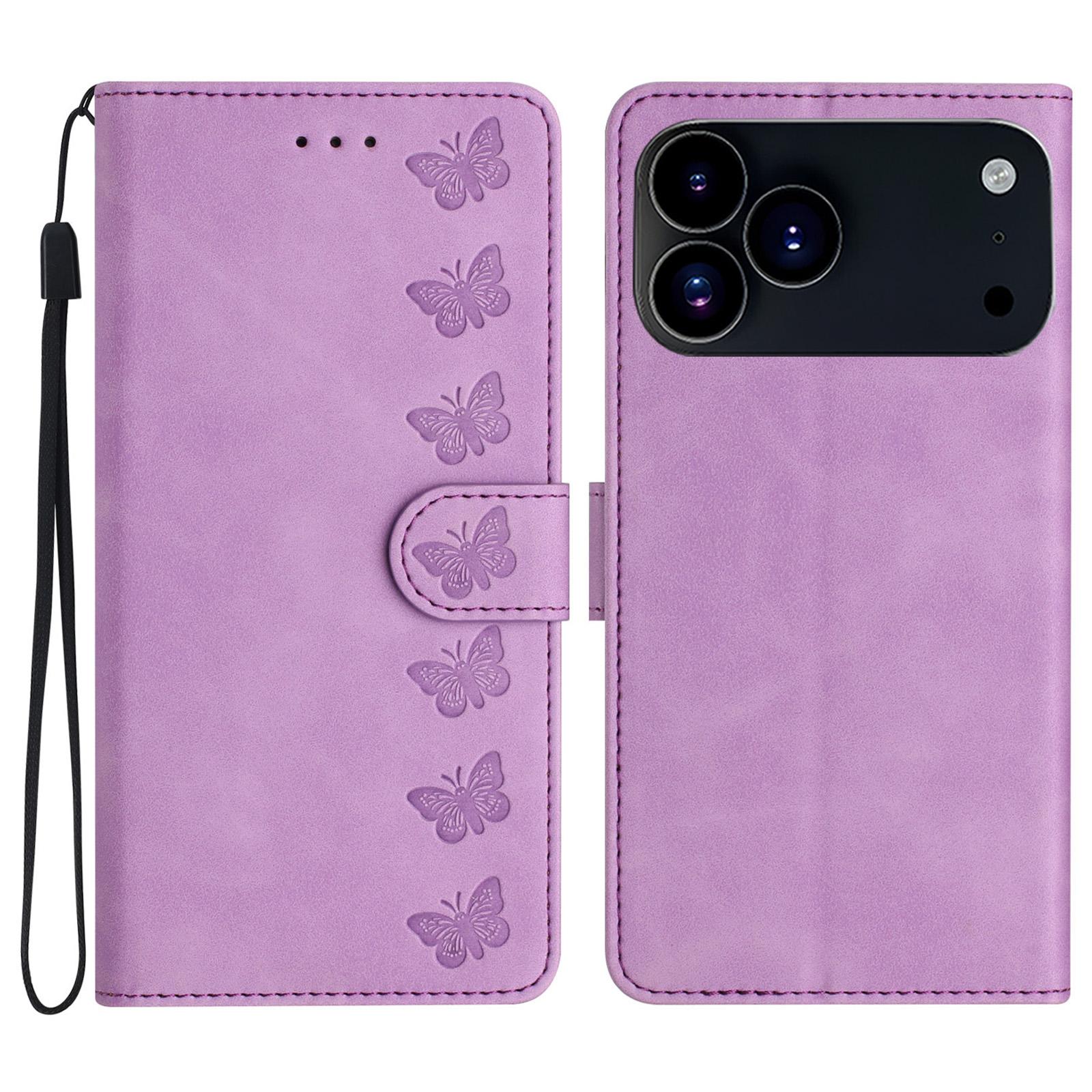 

For iPhone 17 Pro Max Case Imprinted Butterfly Leather Wallet Phone Cover with Hand Strap Purple
