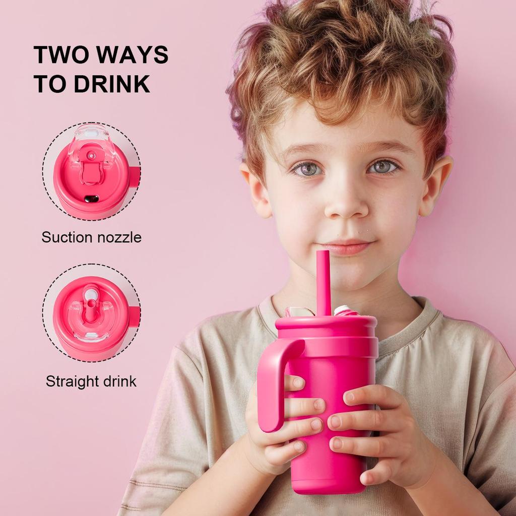 14oz Color Block Straw Cup for Kids - Stainless Steel Thermos with Handle