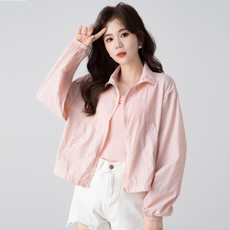 

Women s Summer Casual Loose Fit Long-Sleeve Drawstring Jacket with Stand-Up Collar M (under 50kg) рожевий