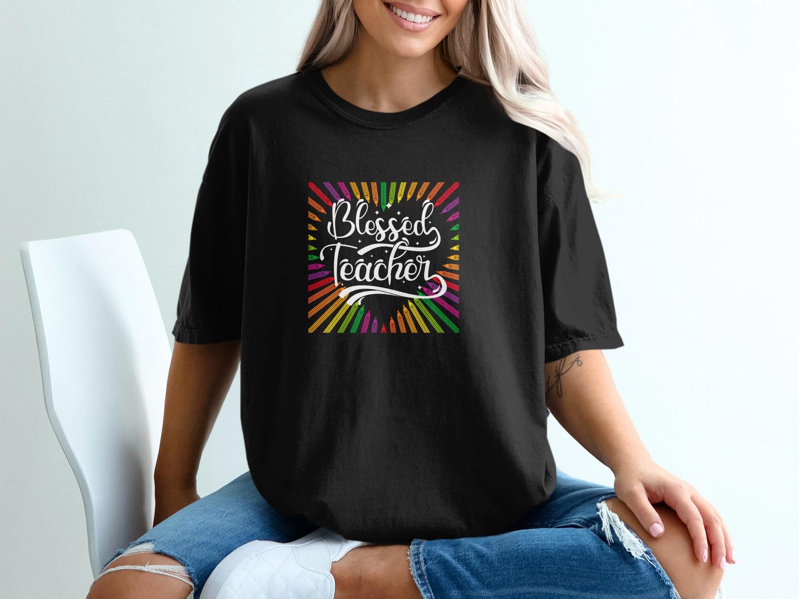 Art Teacher T-Shirt, Rainbow Pencil Heart Graphic Tee, Colorful Artist Gift S