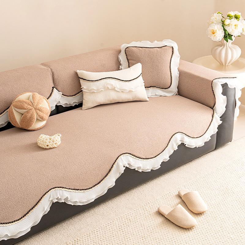 

1pc Elegant Teddy Chenille Non-Slip Lace Sofa Cover with Ruffle Detail - Vintage Style, Machine Washable, Fits Multiple Sofas 70x70cm-Armrest хаки
