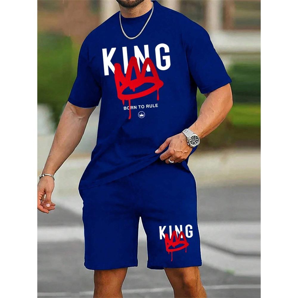 

Men s Short Sleeve Shorts Set Fashion King Printed T-Shirt Casual Jumper Breathable Sportswear S