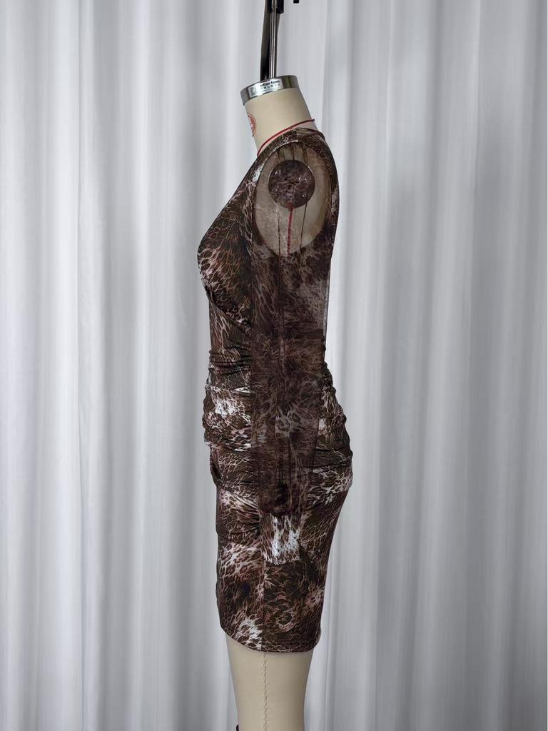 European & American Leopard V-neck Mesh Long Sleeve Slim-fit Hip-hugging Dress