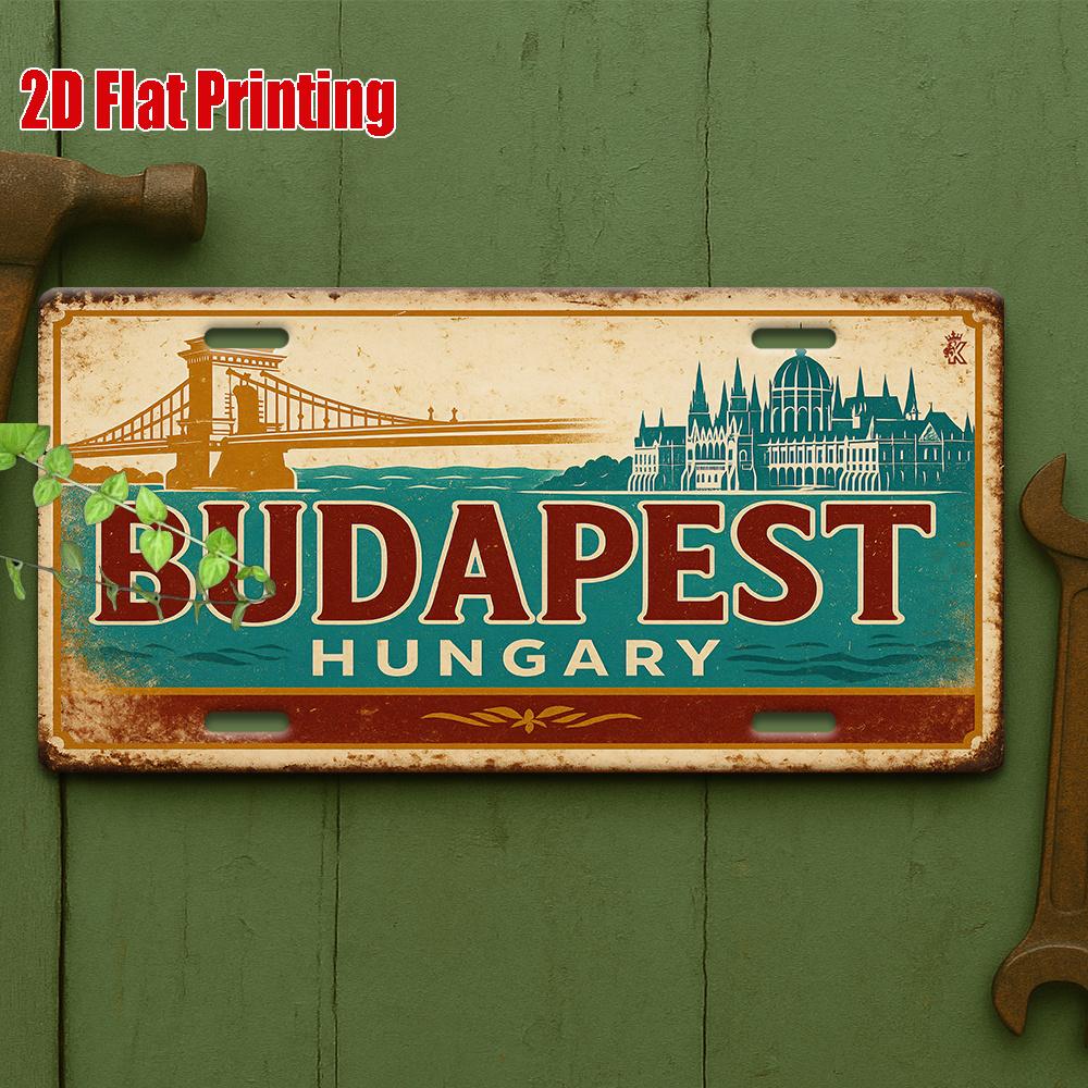 2D Flat One-Piece Budapest Bridge Scene Metal License Plate, Perfect for Galleries, Lofts, Living Rooms, and Feature Walls