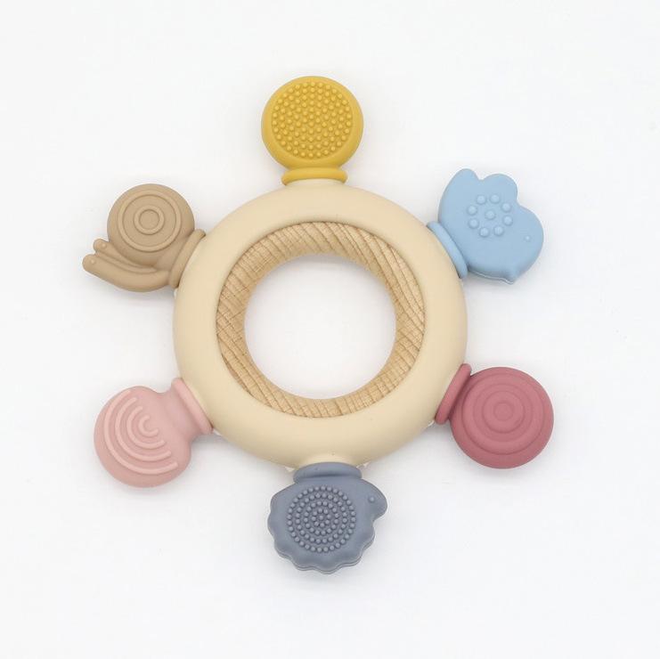 Food Grade Baby Silicone Teether Rudder Shape Wooden Ring Teething Toys BPA Free Infant Chewing Nursing Toy Newborn Gifts