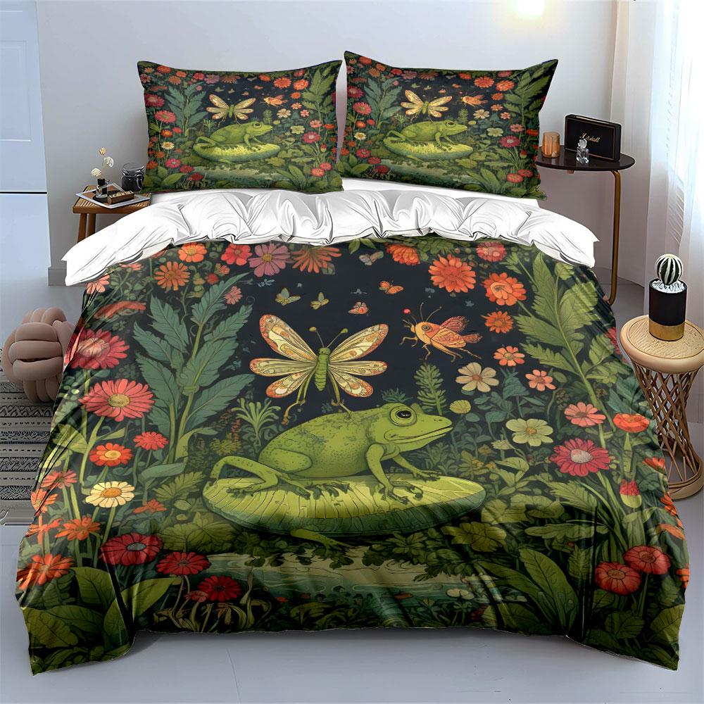 Frog And Butterfly In Enchanted Garden Printed Duvet Cover Set1 Duvet Cover+2 Pillowcasemulti Size Bedroom Bedding Decor