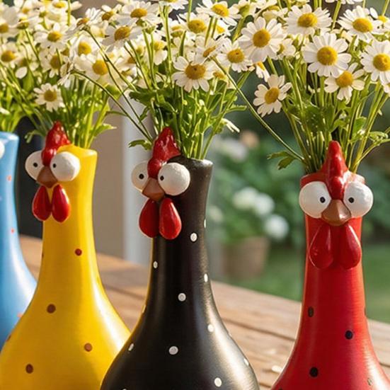 Long Neck Colorful Chicken Statue, Big Eye Cartoon Resin Rooster Vase, Funny Outdoor Cock-Shaped Vase for Lawn, Yard, Office, Home Decor
