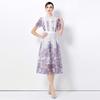 Summer Fashionable Short Sleeve Slimming Water Soluble Lace Dress Vintage Stand Collar Ruffles Splice Lace Mid-Length Dress