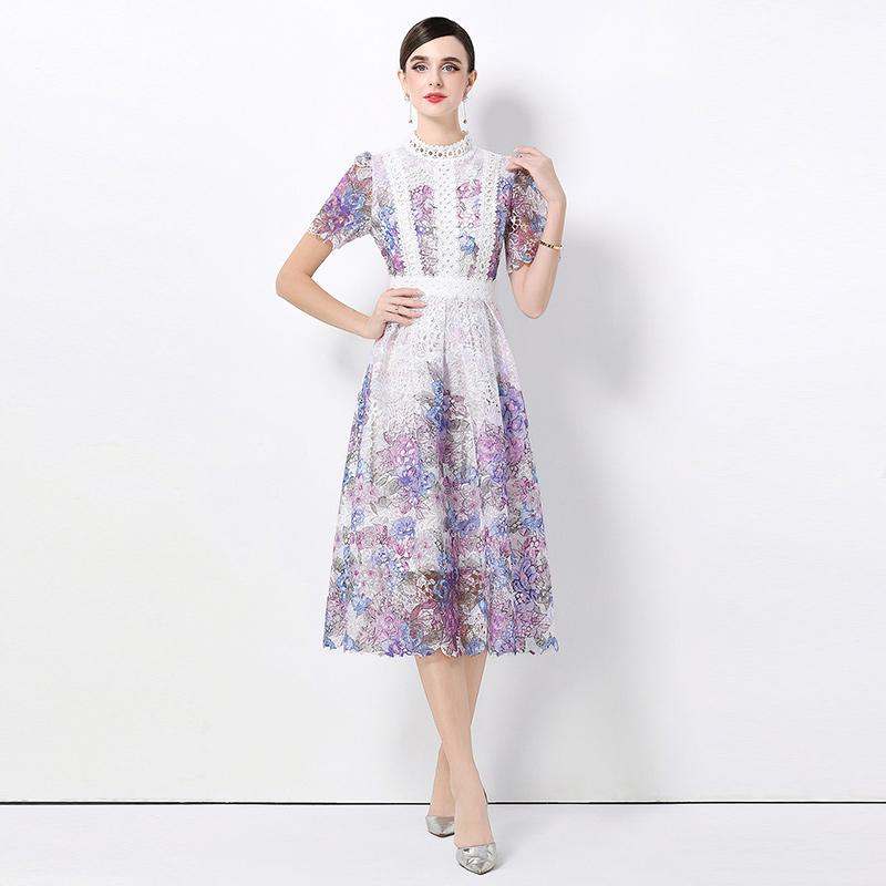 Summer Fashionable Short Sleeve Slimming Water Soluble Lace Dress Vintage Stand Collar Ruffles Splice Lace Mid-Length Dress