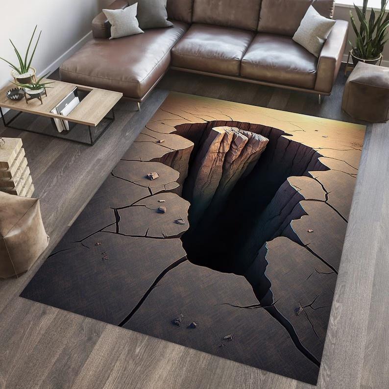 3D Illusion Carpet Cliff Hole Pattern Carpet Living Room Full of Floor Mats Creative and Quirky Home Decoration Rug
