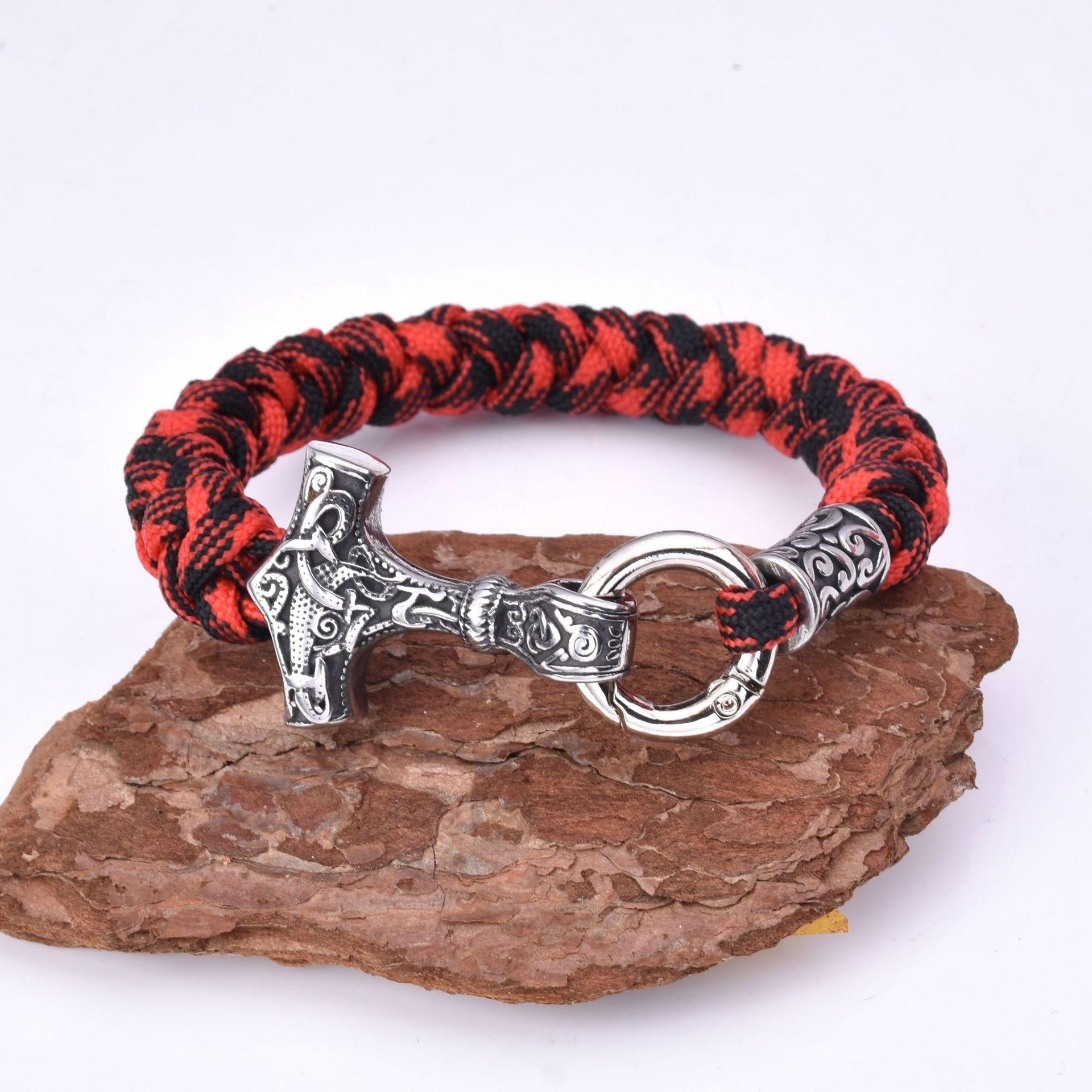 

Мужской браслет из нержавеющей стали с молотком Тора викингов, зонтиком, веревкой, плетеный браслет с обратным масштабом, браслет с узлом 19CM