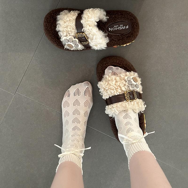 Cute cartoon belt buckle fluffy shoes women's 2025 autumn and winter new outer wear versatile cotton slippers one-word cotton slippers tide