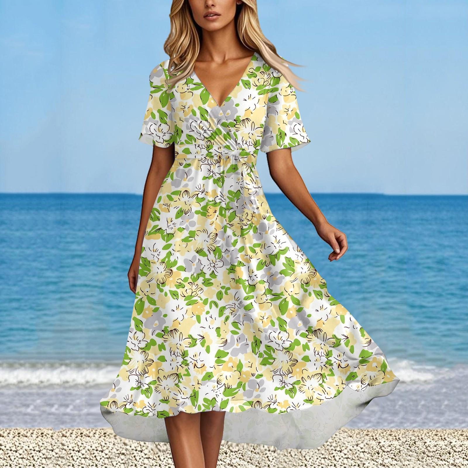 

Женское летнее модное расклешенное платье с V-образным вырезом и короткими рукавами с цветочным принтом XL жёлтый