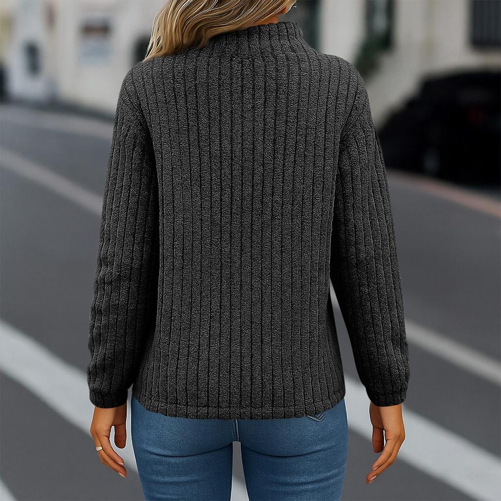 Women's Fashionable Solid Color Round Neck Long Sleeved Pullover Zipper Warm Casual Loose Sweatshirt Top