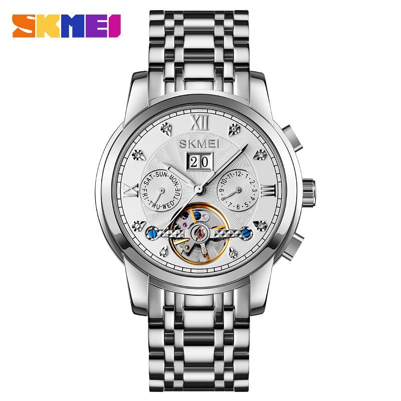 

Светящиеся модные повседневные мужские часы из нержавеющей стали с круглой одинарной раскладывающейся пряжкой и полым сквозным дном, полностью автоматические механические часы