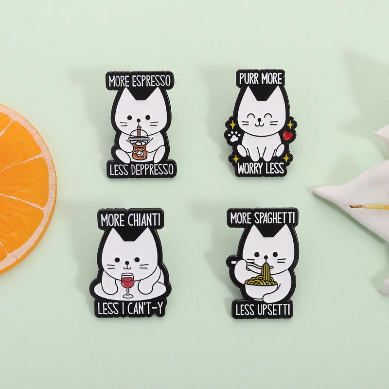 More Chianti Less I Can't-y Enamel Pins More Espresso Less Desperado Cute White Cat Animal Brooches Lapel Badge Jewelry Gifts