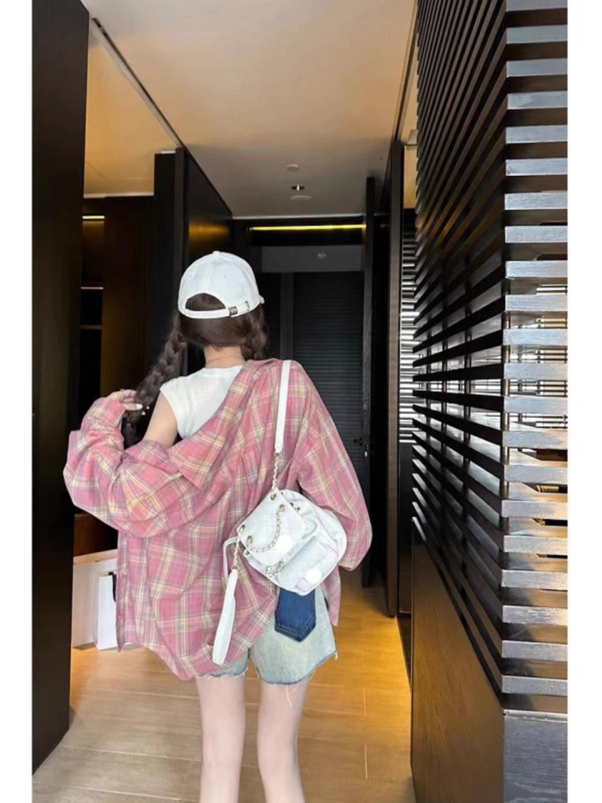 

Женская рубашка-поло в ретро розовую клетку - Более 95% хлопка - Корейский стиль для начала осени L (Under 115 jins) розовый