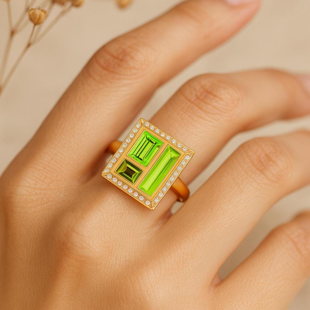 Inel Peridot Tăietură Baghetă cu Halo de Zirconiu Cubic – Argint Sterling 925 Placat cu Aur Inel Cocktail Geometric - Bijuterii Art Deco Cadou
