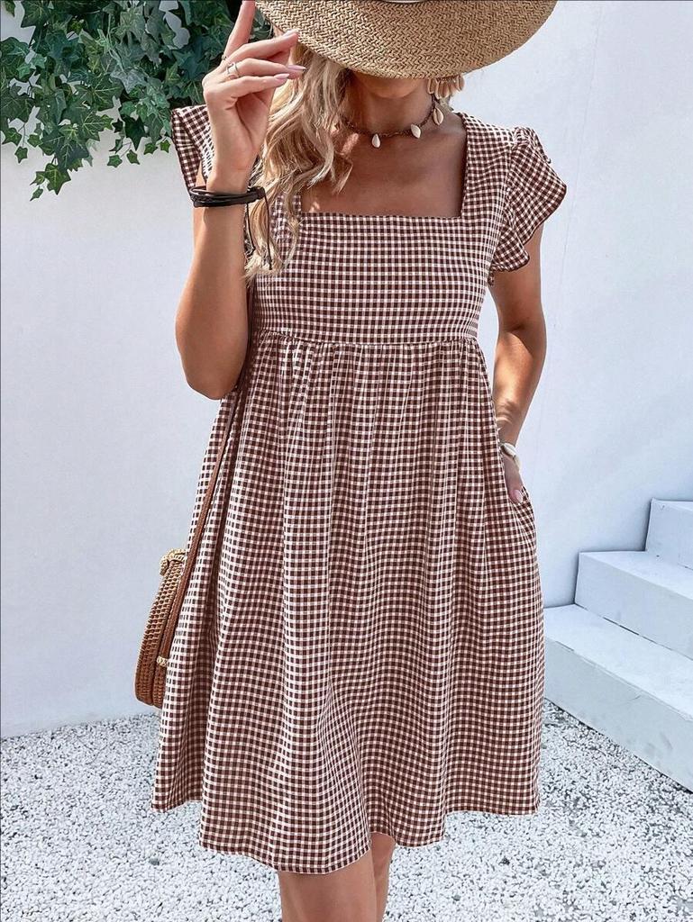 European & American Women's Ruffle Sleeve Square Neck Plaid High-Waisted Dress